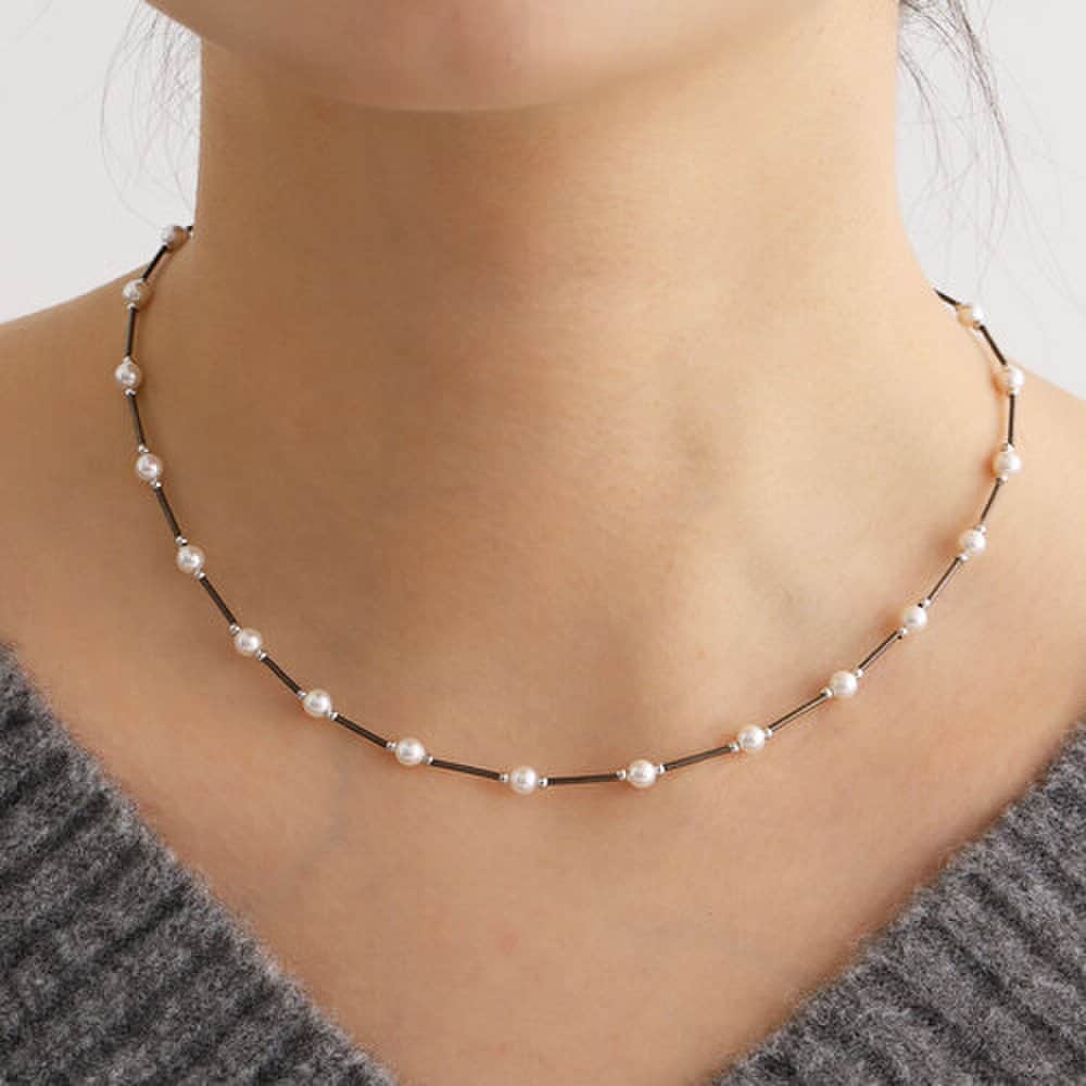 

92.5 Silver Pipe Ball Point Pearl Necklace 42cm