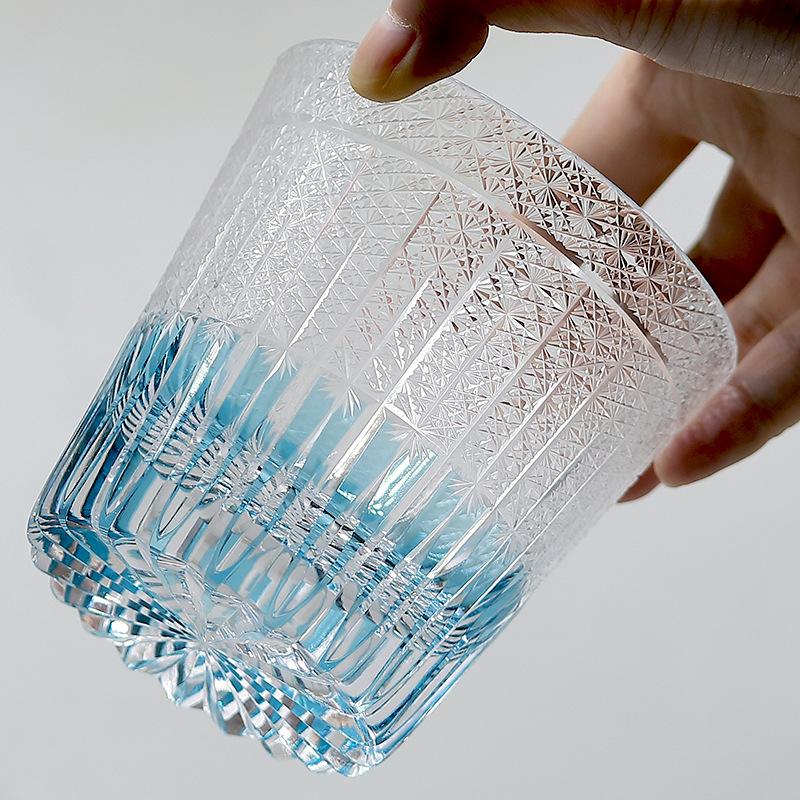 Jinzhi handgeschnitztes japanisches Whiskey-Kristallglas Weinglas blau Maimang Edo Schnittstil künstlicher Becher