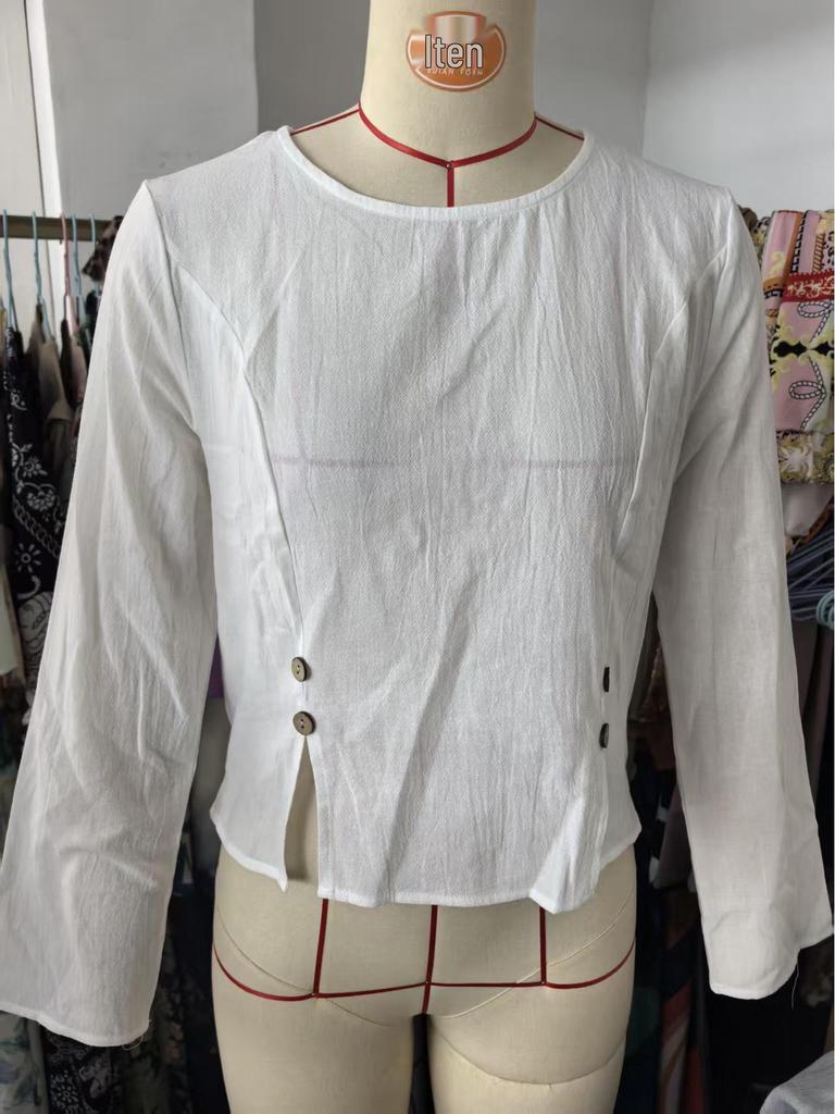 European White Long Sleeve Button-Decorated Split Casual Shirt