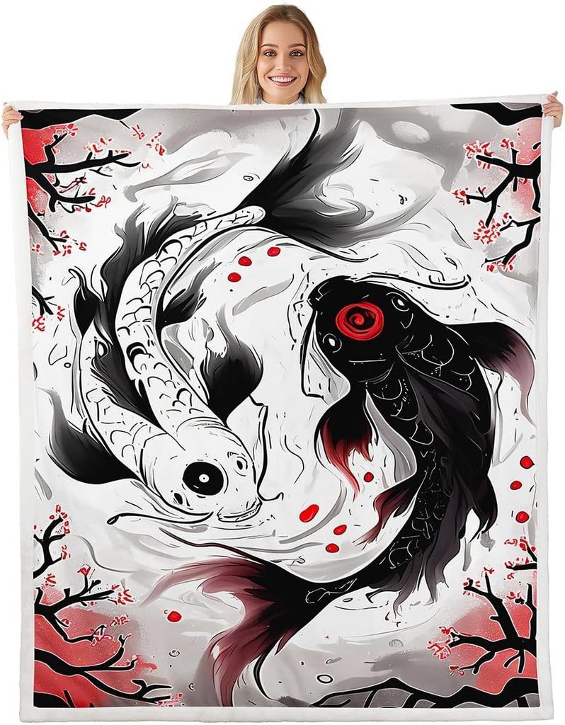 GUOYU Blanket Cat Anime Fleece Throw Blanket Queen Japanese Retro Funny Cat Sherpa Blanket Boys Girls Japanese Style Plush Blanket Japanese