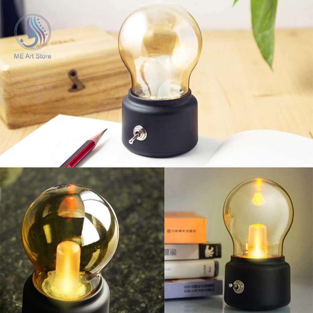 LED Night Light Bulb Rechargeable Vintage Retro Cordless Table Lamp Bulb with Glass Lampshade for Bedroom Decoration