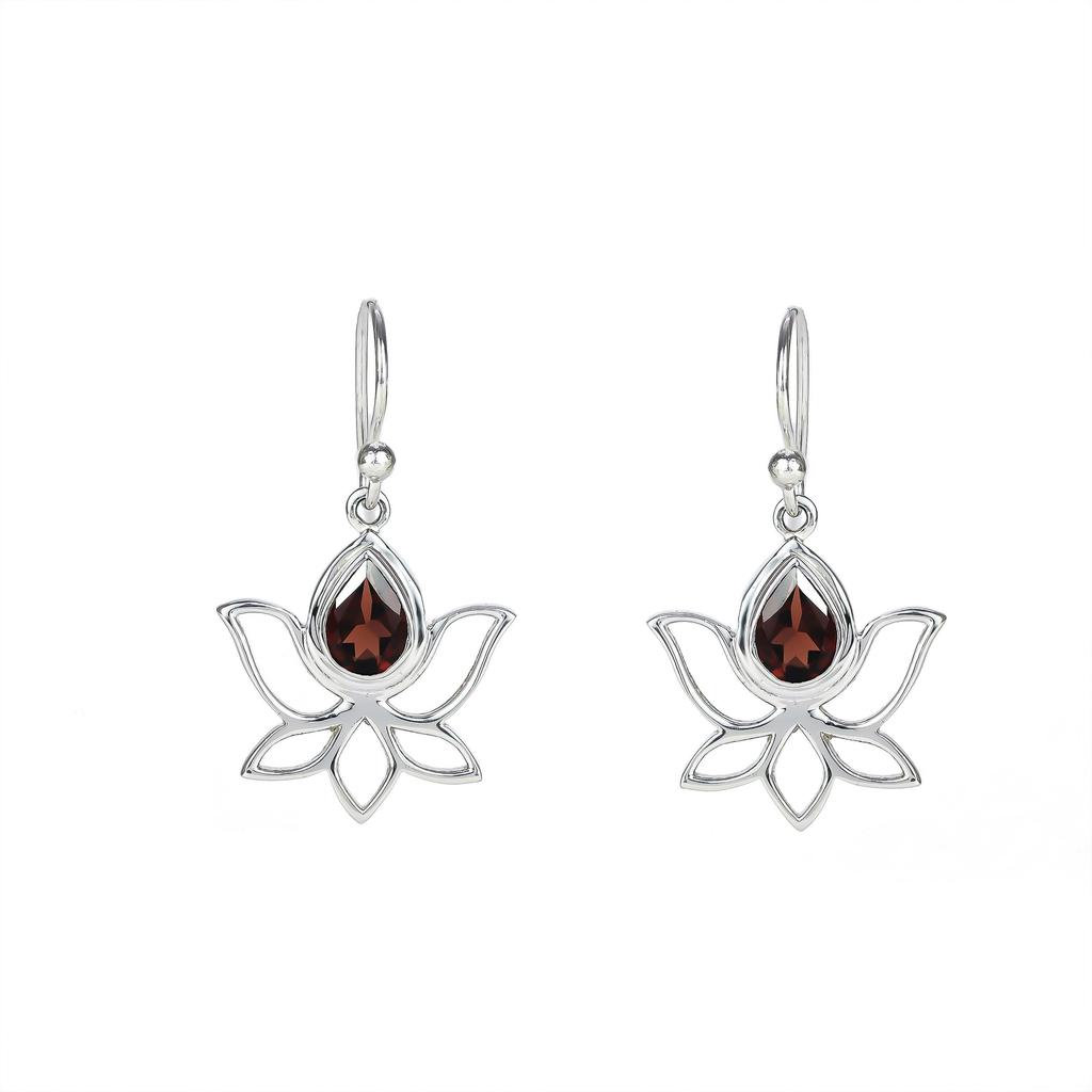Garnet Flower Earrings: Sterling Silver Dangle Earrings