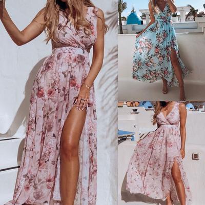 Womens Floral Summer Print Dress Ladies V Neck Split Holiday Beach Sundress