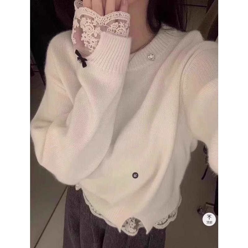 Korean Fashion Lace Splicing Knitted Pullover Sweater Women 2025 Winter New Loose Sweet Sweaters Solid Color O Neck Casual Simple Office Tops Clothing