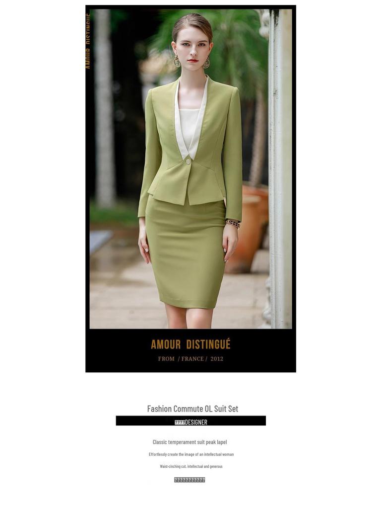 Women's Long Sleeve Collarless Suit Jacket Set - Spring/Autumn Workwear for Flight Attendants or Hotel Staff