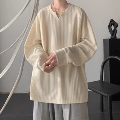 Spring Autumn V-neck Solid Color Casual Fashion Pullover Tee Male Long Sleeve All-match Bottomed T-shirt Top Men