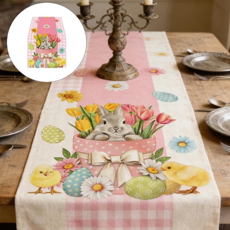 Linen Table Scarf Easter Rabbit Eggs Pattern Rectangular Washable Table Runner For Spring Decorations And Home Styling