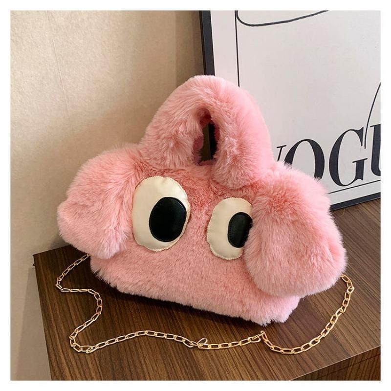 Kawaii Big Eye Plush Crossbody Handbag,Solid Color Embroidered Imitation Wool Tote Bag & Purse for Women - Cartoon Theme