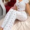 Women's Printed Heart V-Neck Pajama Set - Short-Sleeve Top & Long Pants, Double Layer Gauze, Suitable for Outdoor Wear
