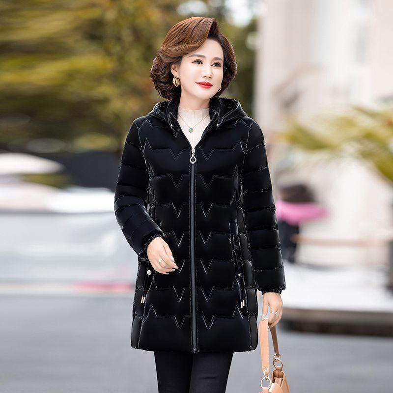 Fashionable and Comfortable Long Cotton Coat for Middle-aged and Elderly Women with Bright Surface