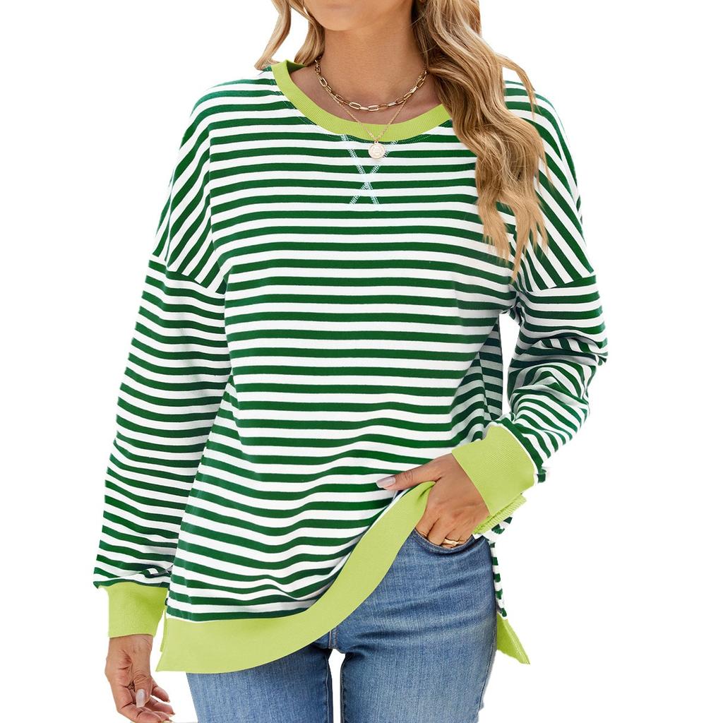 Elegant and Fashionable Autumn and Winter Comfortable Round Neck Striped Splicing Open Loose Long-sleeved Sweater Jacket Pullover Shirt Hoodies