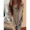 220G Korean Spice Girl Long Sleeve Striped T-Shirt One-word Neck Bottom Shirt Women's Thin Autumn New Loose Top