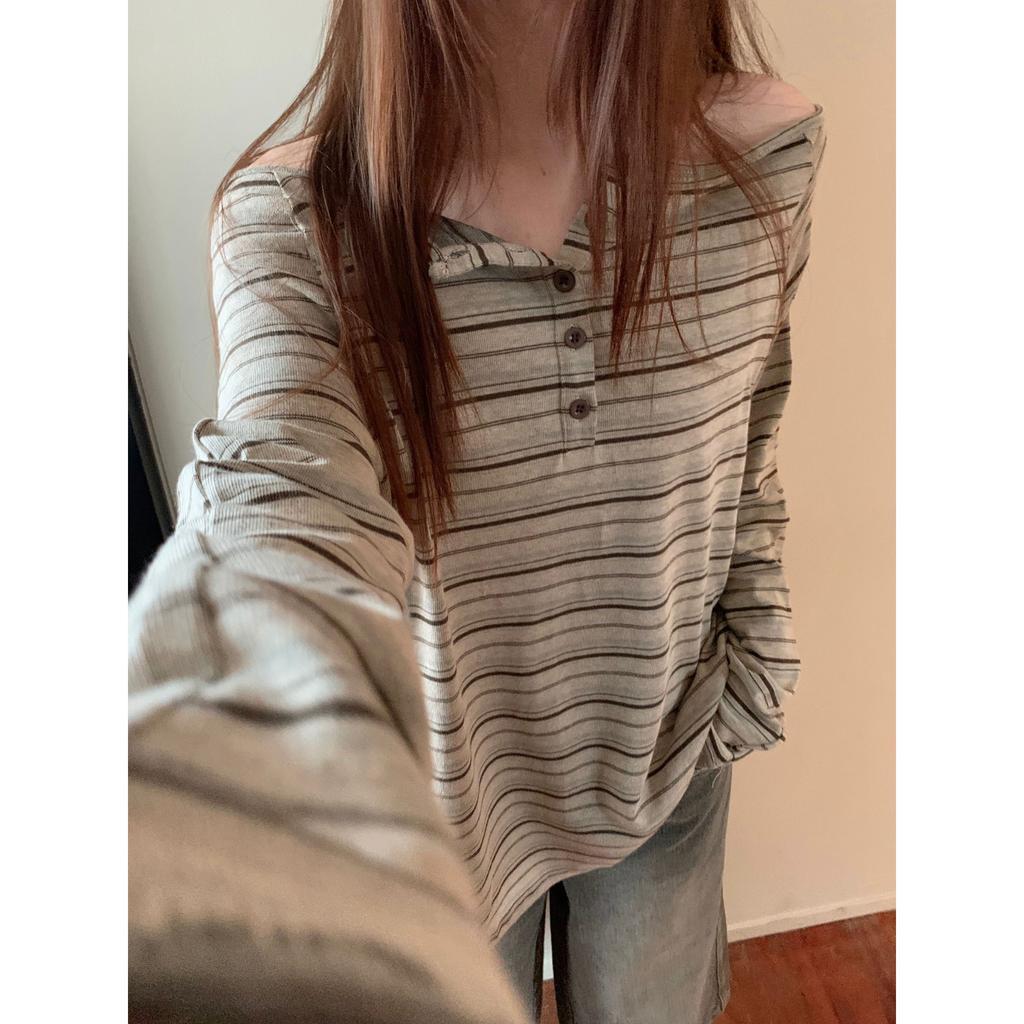 220G Korean Spice Girl Long Sleeve Striped T-Shirt One-word Neck Bottom Shirt Women's Thin Autumn New Loose Top