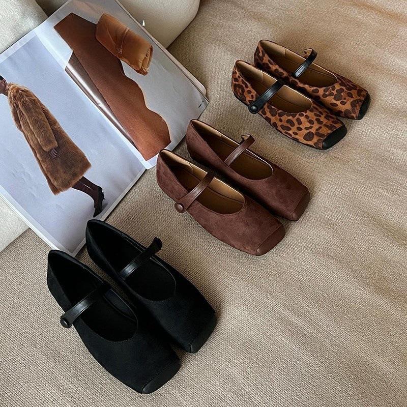 Leopard Print Suede Square Head Shallow Mouth Single Shoes Women's Spring and Autumn New Korean Version French Commuter Casual Flat Mary Jane Shoes
