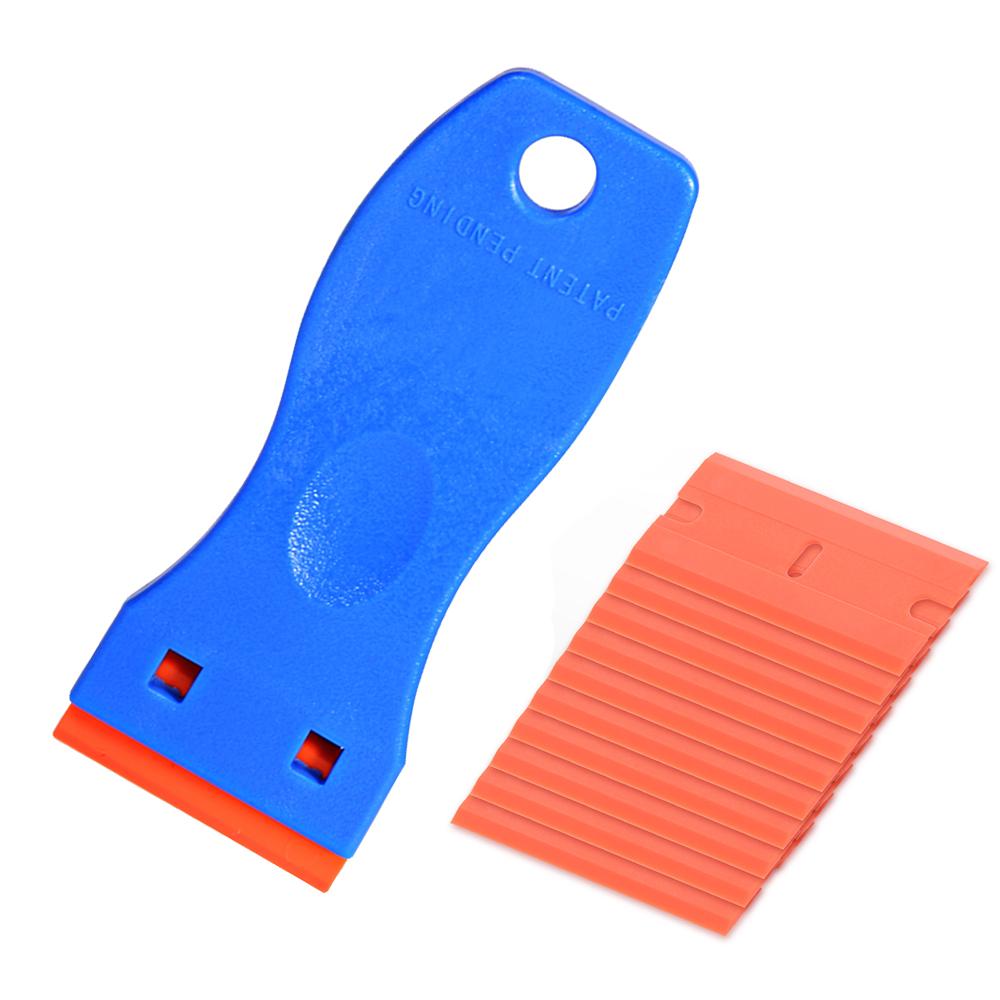 Plastic Razor Scraper Tool with 10 Replacement Blades | Scratch-Free Multi-Purpose Adhesive Remover for Hair Extensions, Phone Screen Repair, Window T