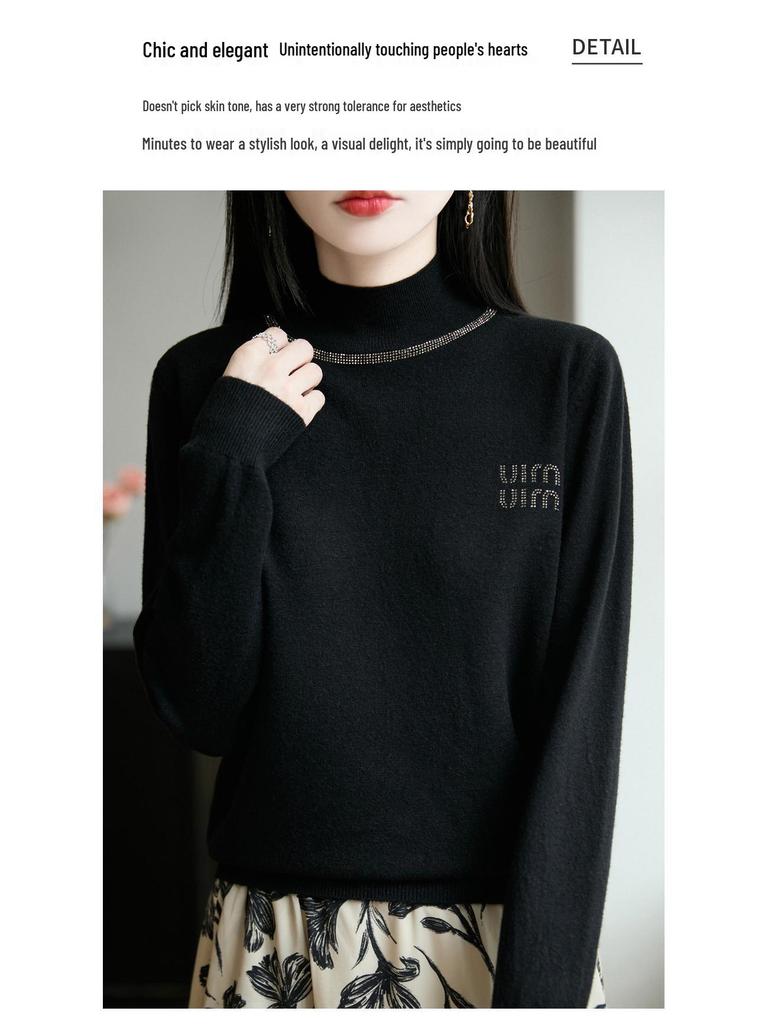Autumn/Winter Rhinestone Semi-High Neck Knitted Sweater Top for Women
