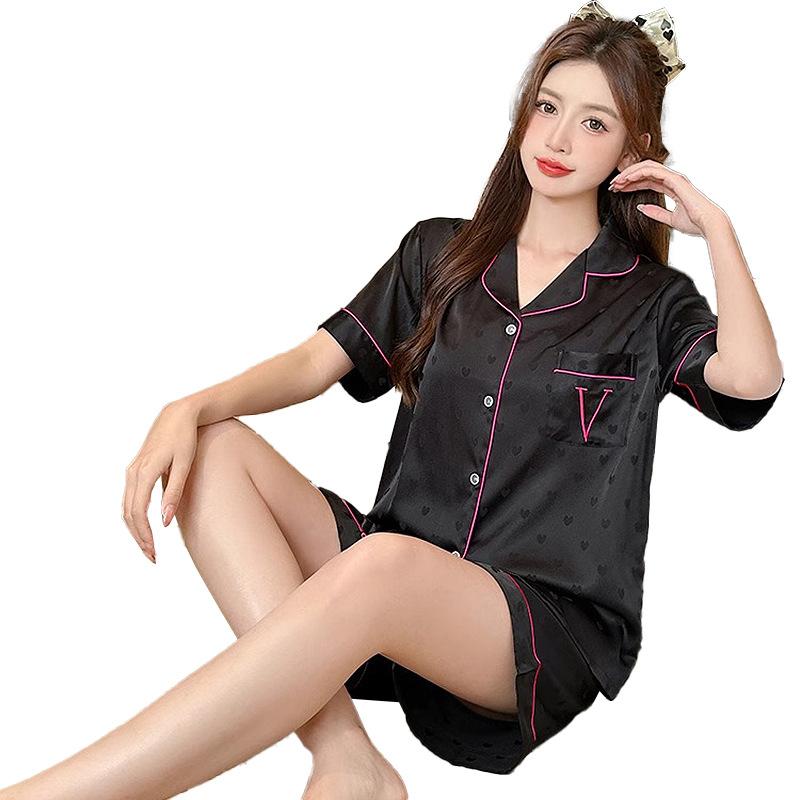Love Jacquard Letter Ice Silk Pajamas Women'S Summer Short-Sleeved Suit Pure Desire Wind Loungewear Can Be Worn Outside