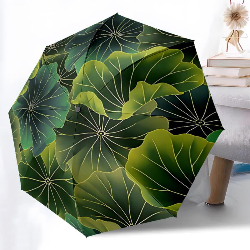 1pc Lotus Leaves Pattern Automatic Open/Close Umbrella Compact Folding Umbrella, All-Season Portable Umbrella for Women/Men F1124272