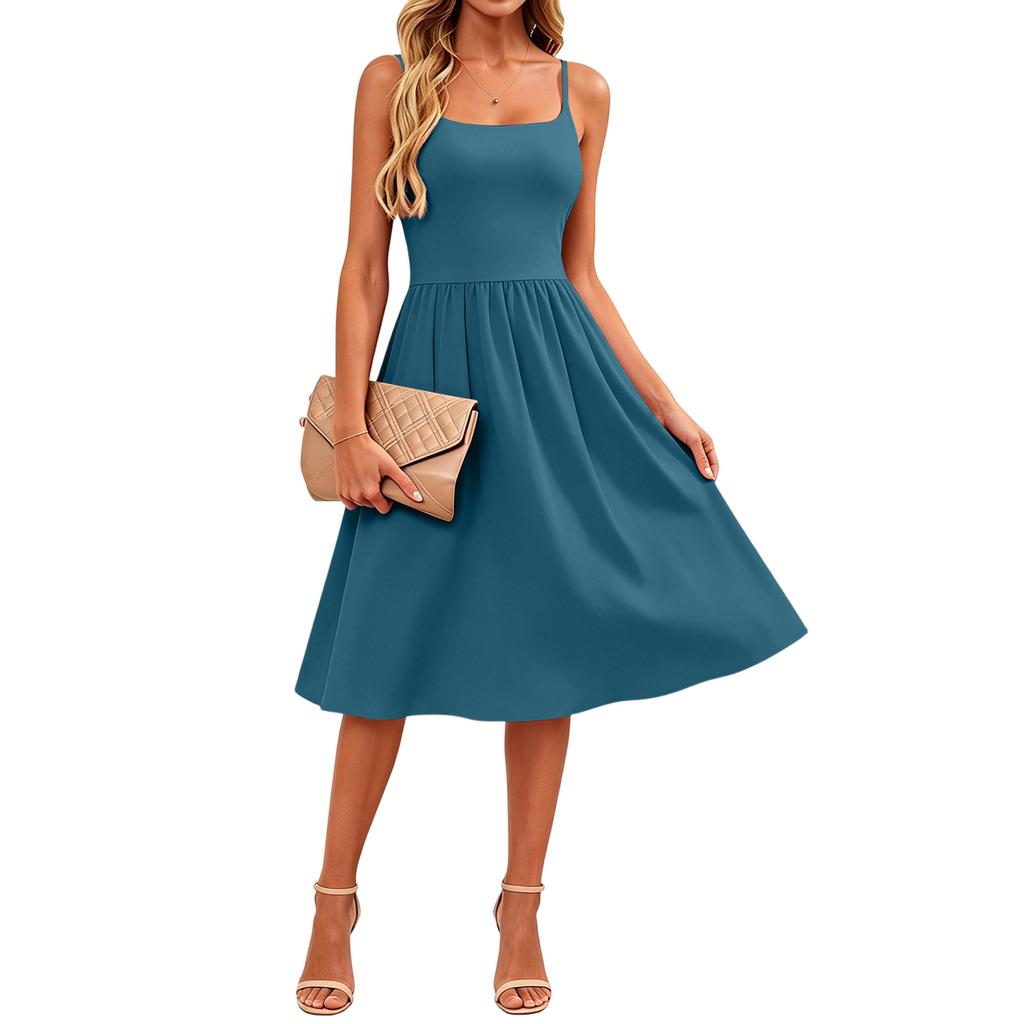 Women Sleeveless Casual Midi Dress with Pockets Spaghetti Strap Summer Dress Lightweight Comfortable Fit and Flare Design