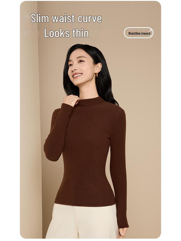 Women's Velvet Semi-High Neck Slim Fit Long Sleeve Thermal Top for Autumn/Winter
