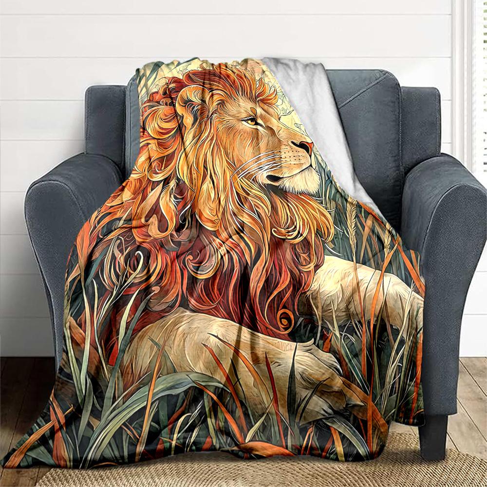 1pc Lion Safari Blanket, Lightweight Flannel Throw Blanket For Sofa, Bed, Travel, Camping, Living Room, Office, Couch, Chair, And Bed