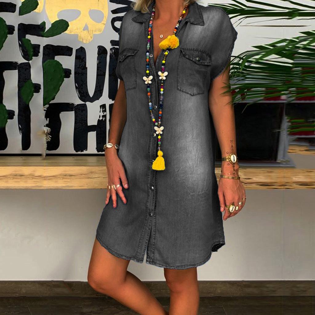 Women's Casual V-neck Denim Party Dress Sleeveless Swing Dress