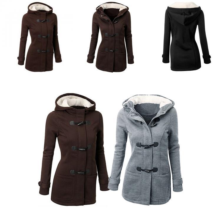 Damen Kapuzenjacke aus Baumwoll-Polyester-Mischung mit Reißverschluss und Hornknöpfen Figurbetonter Schnitt Schicke Pendler-Außenbekleidung