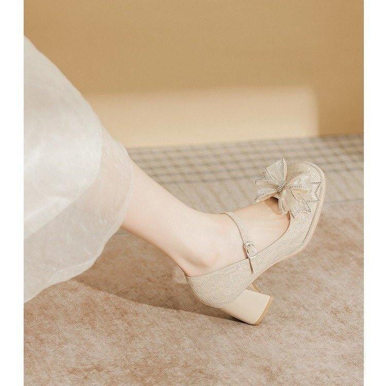 Round head Mary Jane women's shoes new thick heel fashion single shoes with sparkling bow fairy high heels