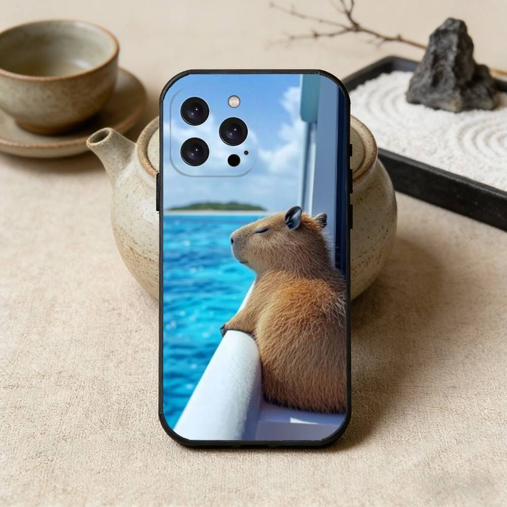 

Funny Cute Pet Capybara Phone Case For iPhone 17 16 15 14 13 12 Max Plus Silicone Black Cover iPhone16se4