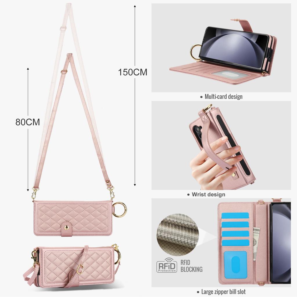 Crossbody Cards Solt Wallet Leather Ring Hold Case For Samsung Galaxy Z Fold 6 5 4 3 5G Wristband Strap S Pen Holder RFID Cover