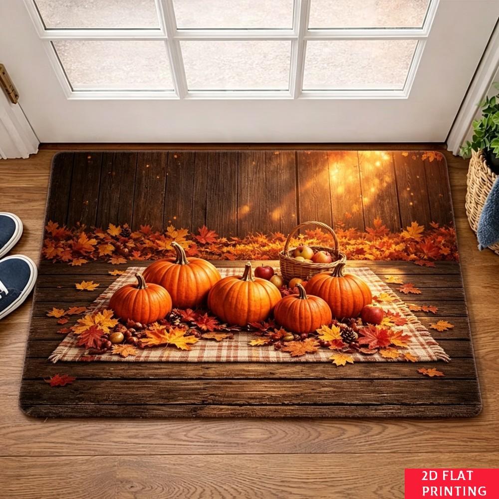 Herbstkürbis Holz Veranda Matte Orange Kürbis Ahornblatt Apfelkorb Druck Rutschfest Außen Eingang Teppich Für Herbstsaison Zuhause
