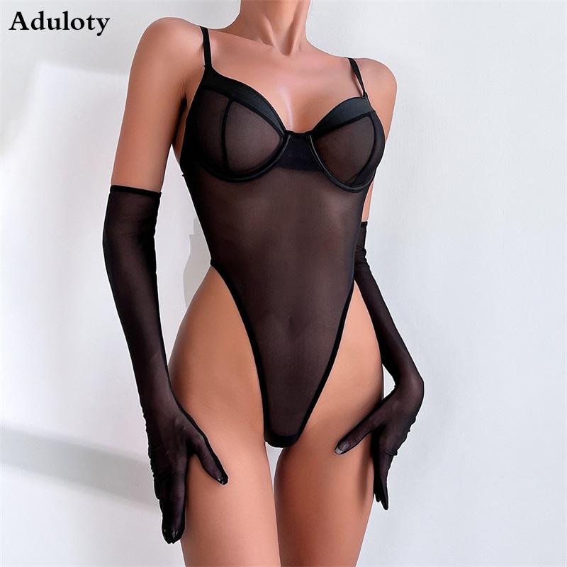 Aduloty Women Sexy Lingerie Erotic Bodysuit Perspective Minimalist Basic Slim Fit Hip Lifting Glove Matching Underwear Set