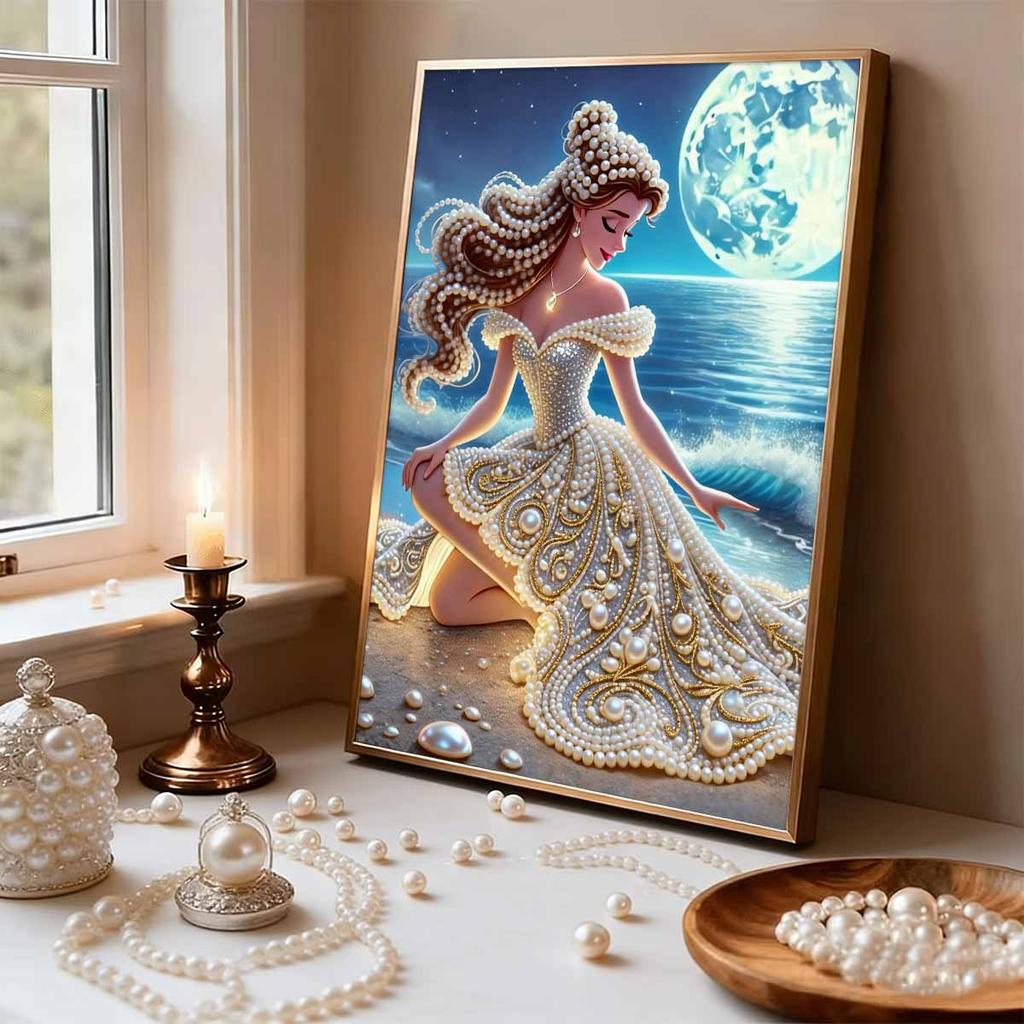 Ocean Princess Series Pearl Effect Frameless Art | Moonlit Sea & Shell Luxury Accents | Atmospheric Wall Art for Modern Home & Gallery