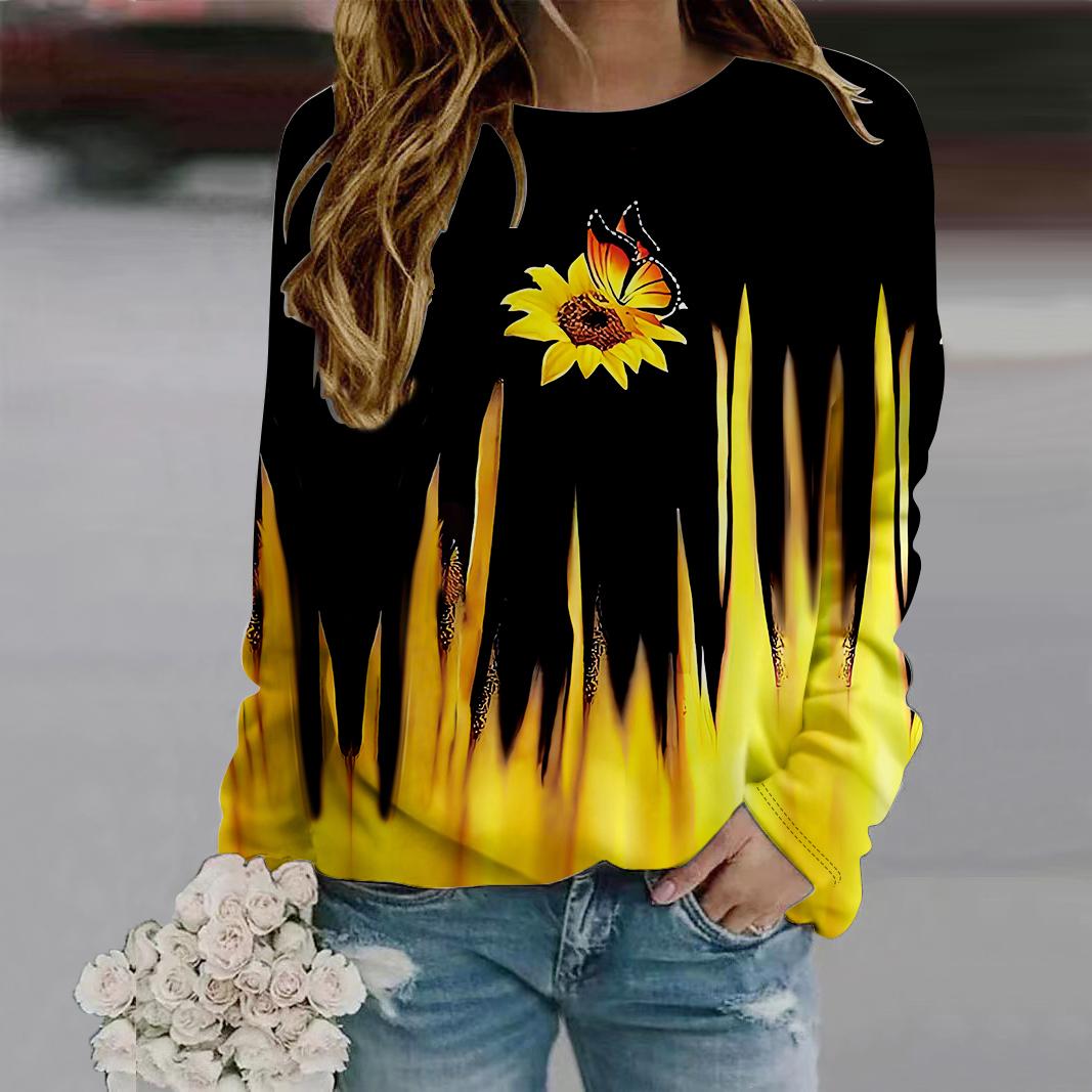 

Осенняя женская модная футболка с круглым вырезом и длинным рукавом, свободная одежда, зеленая футболка с принтом подсолнуха для девочек, уличная одежда 8XL жёлтый