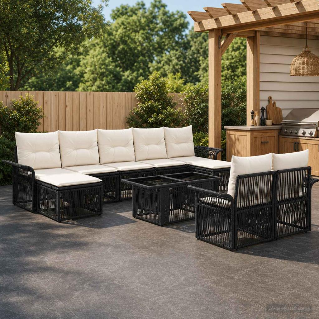 Garden Sofa Set 10 Pieces Black and Cream White Poly Rattan