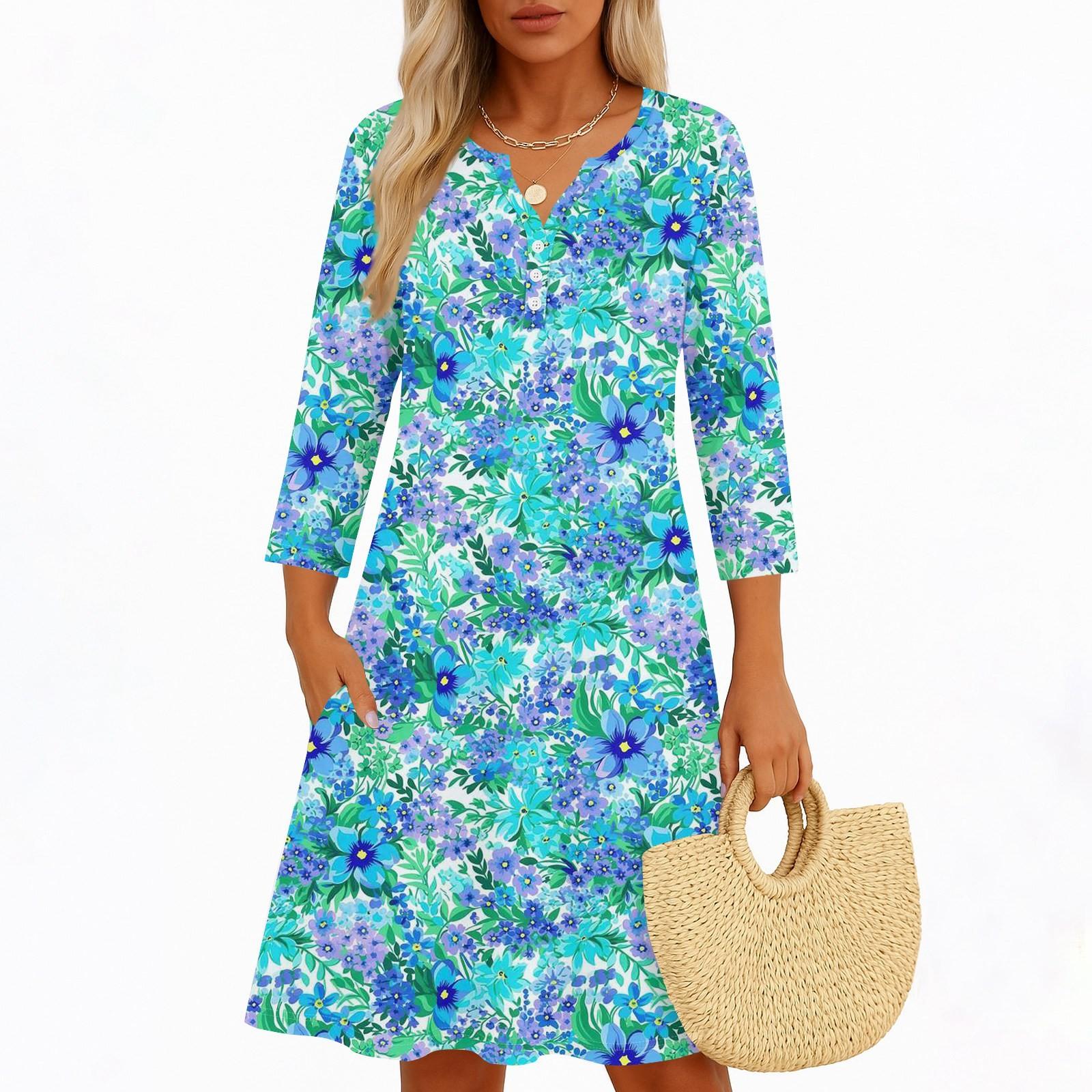 

Платья для женщин Весенние сарафаны Женское повседневное платье с рукавом 3/4 V-образный вырез Бохо Платье с цветочным принтом L синий