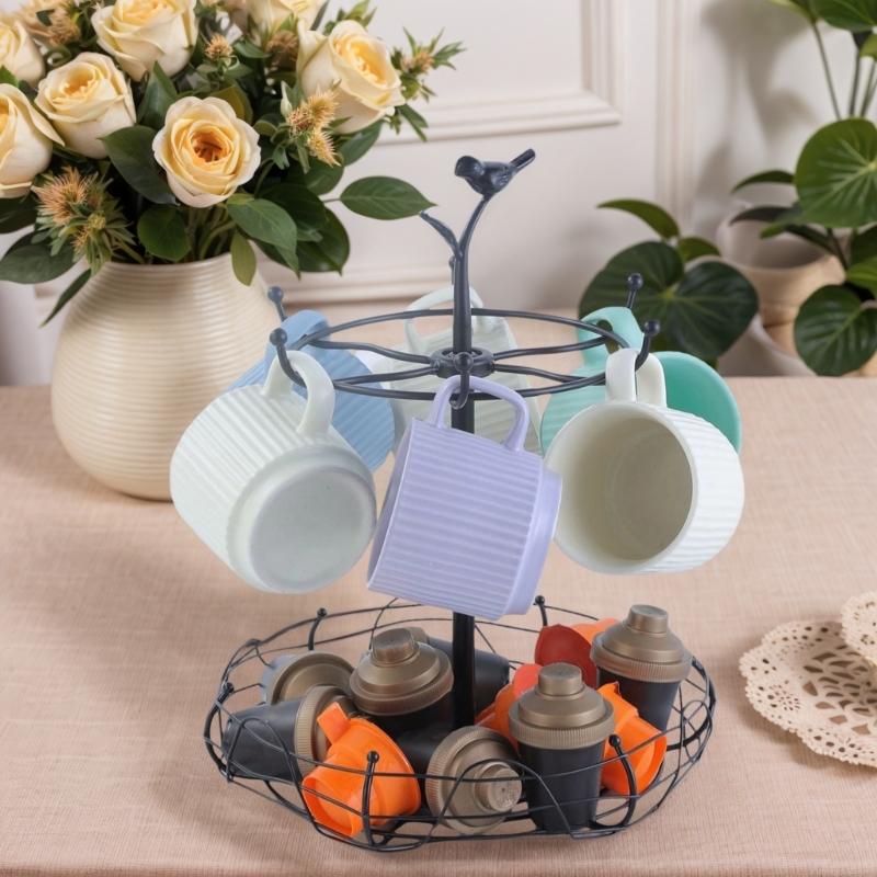 Multi Tiers Rotating Cup Shelf Iron Construction Vertical Stackable Design Coffee Mug Storage Solution