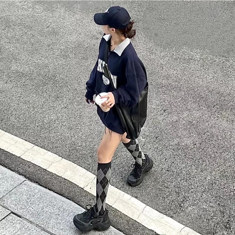 Long Stockings, Diamond-shaped Calf Stockings, Girl's Pile Stockings, Cotton Stockings, Black and White School Trend, Retro and Versatile