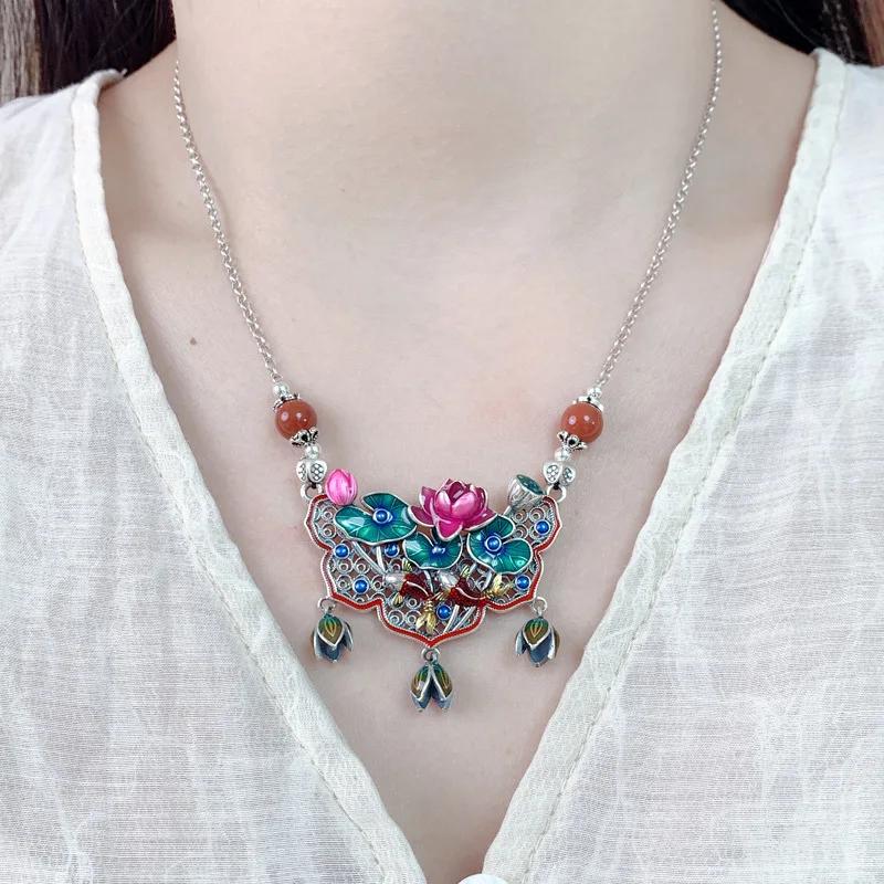 Fresh Classical Colored Enamel Lotus Leaf and Flower Tassel Necklace Pendant for Women Clavicle Chain Jewelry