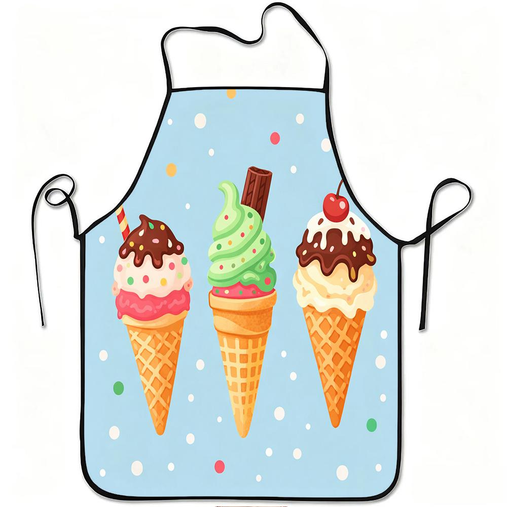 Cute Ice Cream Cone Kitchen Apron - Cartoon Sweet Dessert Pattern Linen Look Chef Bib for Women Men Cooking Baking Gift Decor