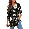 Damen Lässiger V-Ausschnitt 3/4 Ärmel Pullover Tunika Oberteil Blumenmuster Mittellange Bluse Leichte Bequeme Passform