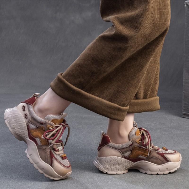 Johnature Casual Genuine Leather Splicing Mesh Mixed Colors Lace Up Fashionable Comfortable Versatile Women's Shoes