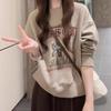 Retro European Style Letter Print Sweatshirt - Women's Versatile Loose Fit, Round Neck, Color Block Design for Autumn/Winter Fashion.