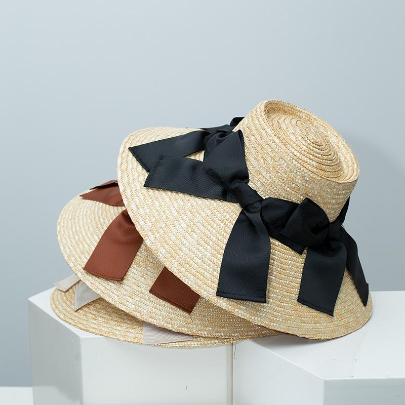 Female Natural Stiff Wheat Straw Boater Hat Summer Flat Top Fedora Hat Women Wide Brim Sun Hats for Travel Beach Jazz Panama New