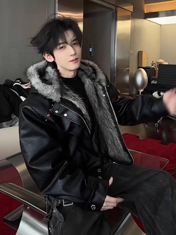 

Men s Winter Leather Jacket with Faux Fur Collar - Thick, Warm, Windproof, Hooded Outerwear XXXL чорний