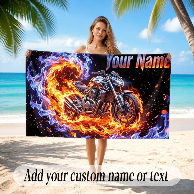 Motorcycle Biker Theme Quick Dry Beach Towel Custom Name Text Print Large Sand Resistant Towel Beach Vacation