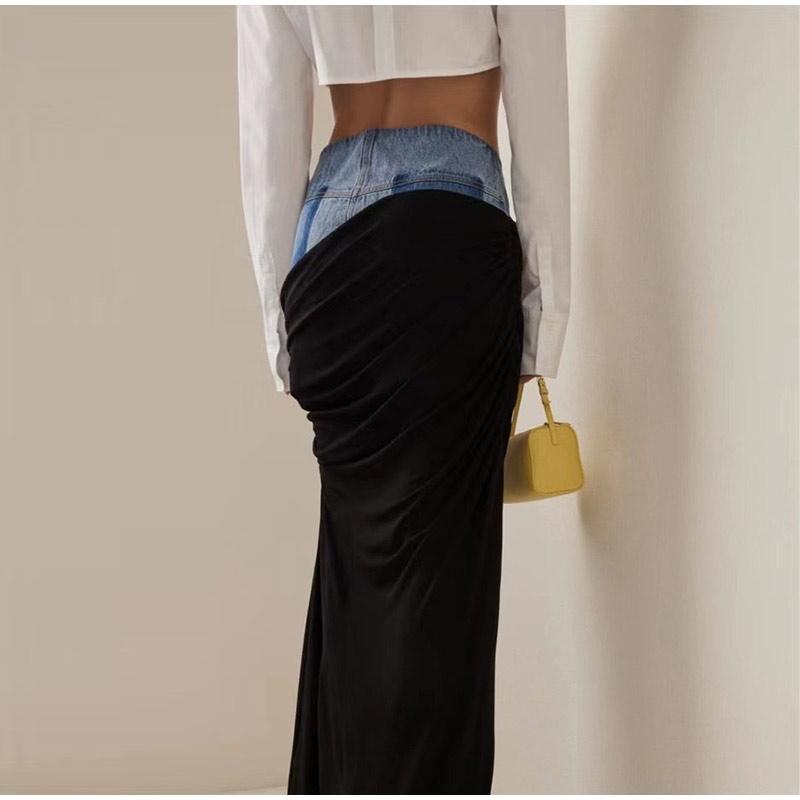 Modern Deconstruction High-waisted Denim Skirt Women's Two-piece Illusion Black Ruffled Splicing Design Sensibility Long Skirt