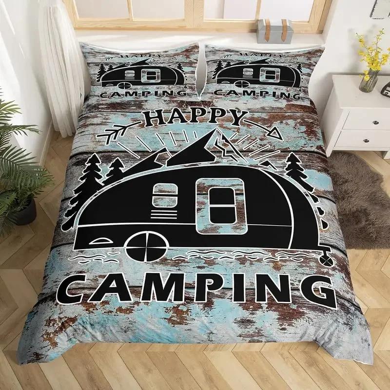 Camper Bedding Set Kids Happy Camping Duvet Cover Set Microfiber Rv Camping Quilt Cover Camper Accessories For Travel Trailers
