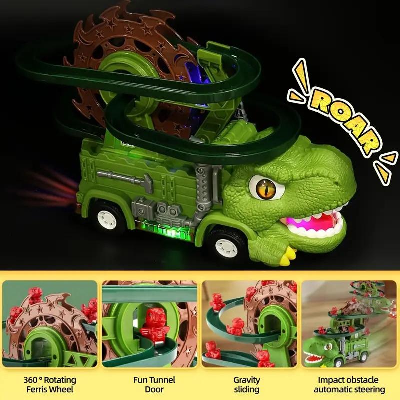 Cool 2-in-1 Dinosaur Electric Slide Track Car Toy - Music & Lights Dino Truck, Auto Obstacle Avoidance Children Gift for Holiday