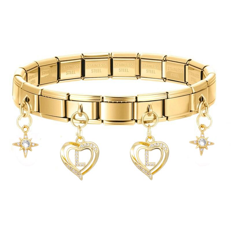 26 Initial Letters A-Z Zirconia Dangle Bracelet Stainless Steel Elastic Bangle for Men Women Birthday Party Name Jewelry